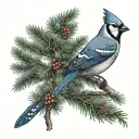 full Christmas tree with cardinal and blue jay perched tattoo design idea