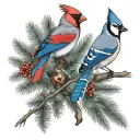 full Christmas tree with cardinal and blue jay perched tattoo design idea