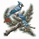 full Christmas tree with cardinal and blue jay perched tattoo design idea