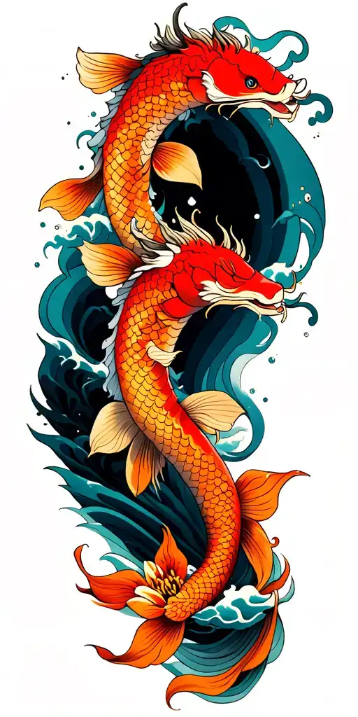 waves with koi fish rising up to fire lilys and transform into dragon in traditional cloud tattoo design idea