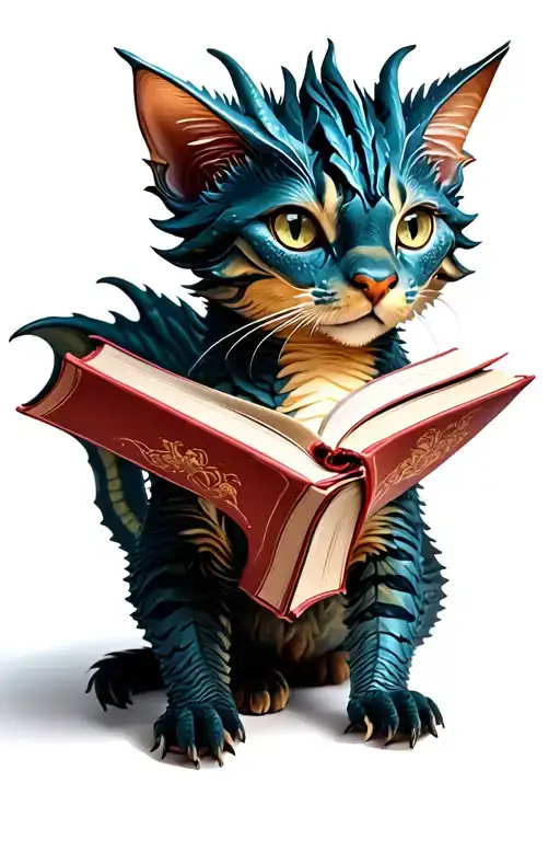 Cat Dragon cute full body books tattoo design idea
