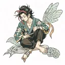 cartoon fairy sitting cross legged tattoo design idea