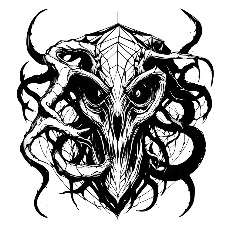 lovecraftian eldritch creature with geometric shapes and lines tattoo design idea