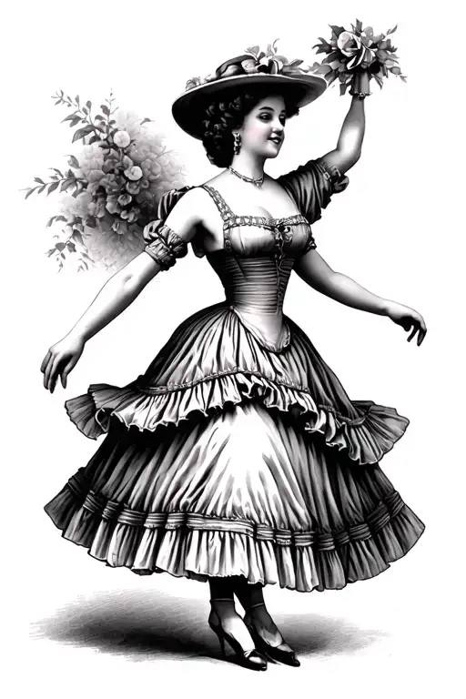 Beautiful lady, in very full square dance dress and full petticoat (a little of the petticoat showing as she is dancing tattoo design idea
