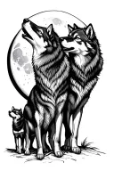 two Wolves standing over two pups howling at the moon tattoo design idea