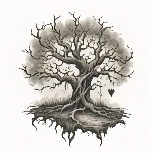 spooky old tree that has no leaves but roots spreading with heartbeat symbol hidden within them tattoo design idea