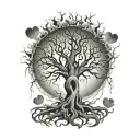 spooky old tree that has no leaves but roots spreading with heartbeat symbol hidden within them tattoo design idea