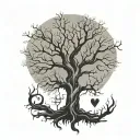 spooky old tree that has no leaves but roots spreading with heartbeat symbol hidden within them tattoo design idea