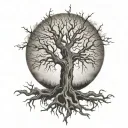 spooky old tree that has no leaves but roots spreading with heartbeat symbol hidden within them tattoo design idea
