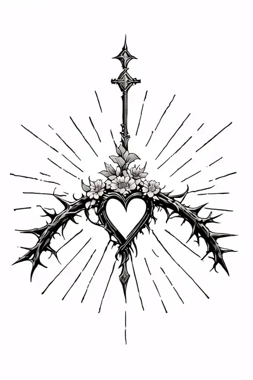 heart shape, clouds, rays, floral patterns, Norse cross, crown of thorns tattoo design idea
