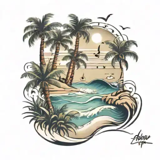 Beach with calm waves, palm trees, and music notes tattoo design idea