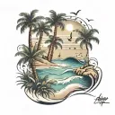Beach with calm waves, palm trees, and music notes tattoo design idea