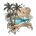 Beach with calm waves, palm trees, and music notes tattoo design idea