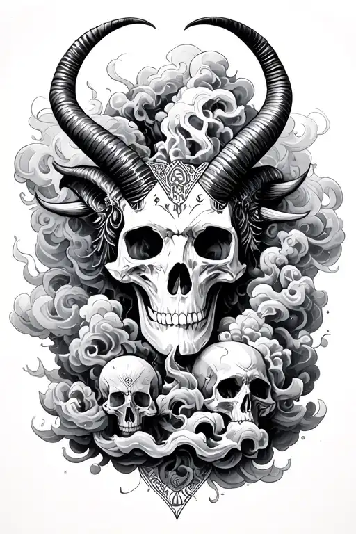 Coverup Clouds ,Smoke and skulls with Capricorn zodiac signs intertwined  tattoo design idea