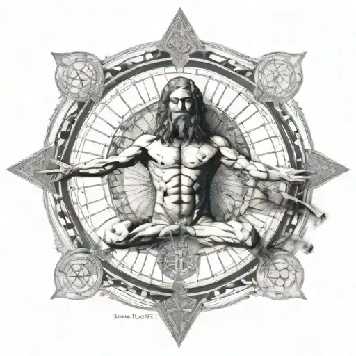 da vinci Vitruvian Man, sri yantra orbits tattoo design idea
