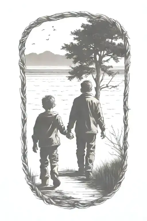 siloutte of an older brother and younger brother walking away holding hands tattoo design idea