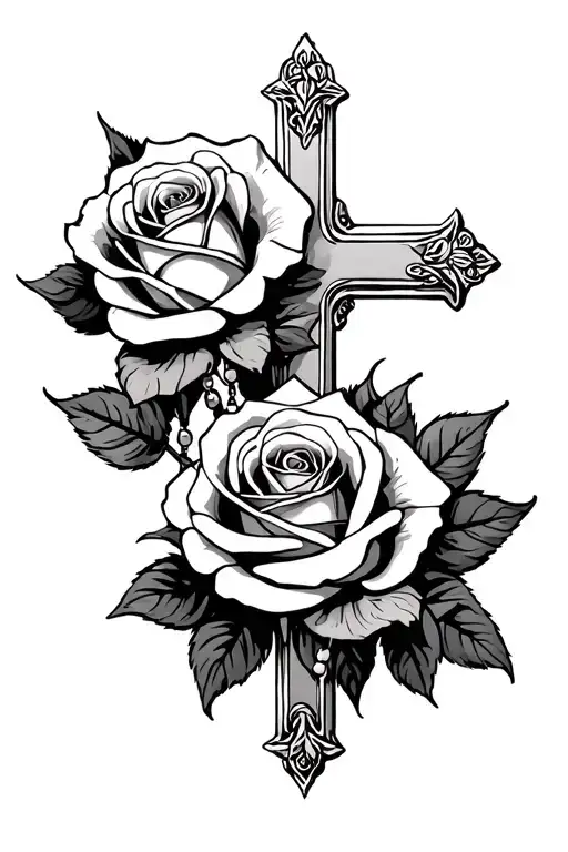 3 roses, memorial, cross intertwined, rosary beads tattoo design idea