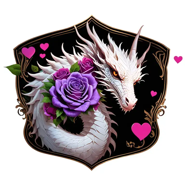 European white dragon with purple roses and pink hearts  tattoo design idea