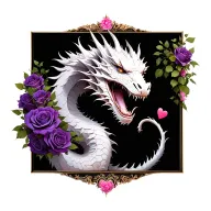 European white dragon with purple roses and pink hearts  tattoo design idea