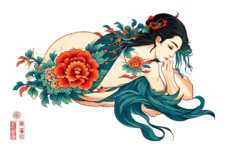 General concept: a tattoo is a horizontal panorama in the Japanese style, which encircles the leg below the knee. tattoo design idea