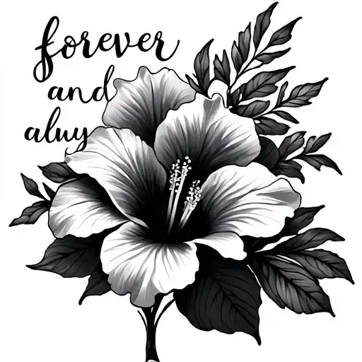 forever and always in thin cursive with a hibiscus flower on the end tattoo design idea
