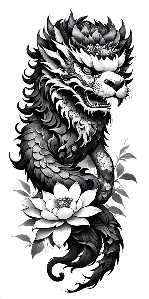 foo dog, lotus flower blooming, cherry blossoms, oni  tattoo design idea