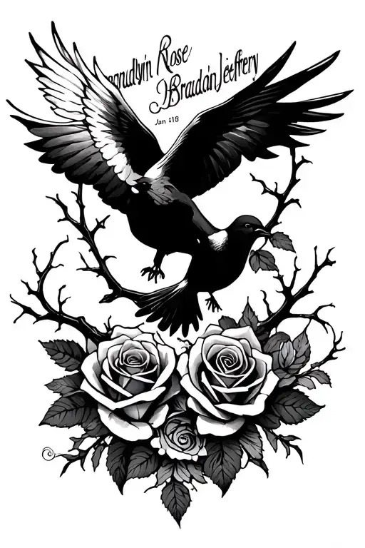 passed away sister and brother names Brandelyn Rose and Brandon Jeffery with thorns, clouds, doves, roses, Jan 18 2010 tattoo design idea
