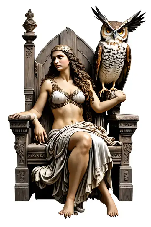 Athena sitting on the throne sideways in a slightly bent state, an owl sits on her shoulder tattoo design idea