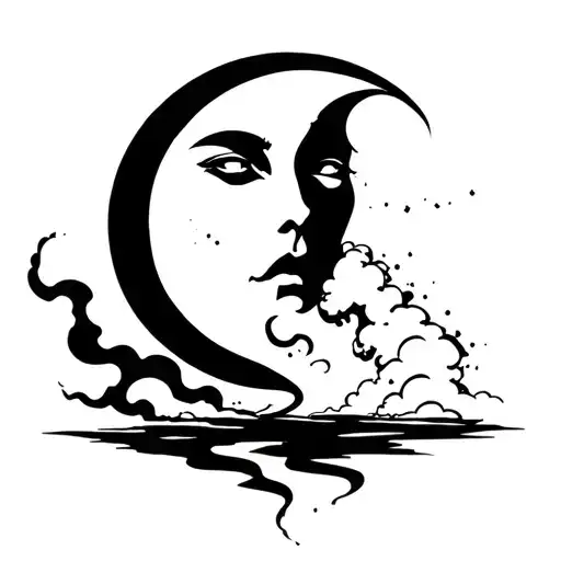 a moon with a face blowing smoke that turns into clouds  tattoo design idea