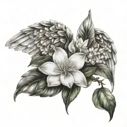 angel wings with gardenia tattoo design idea