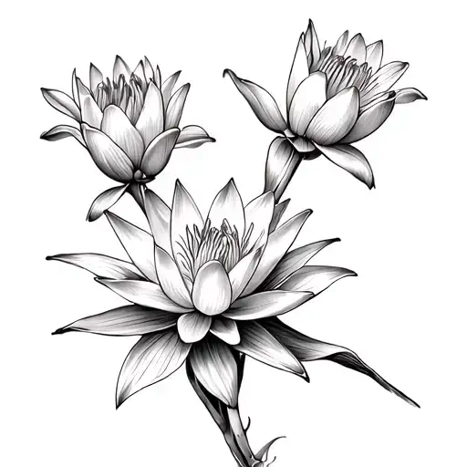Still water lily, canna indica, golden celebration, lily of Incas, dampiera bunch tattoo design idea