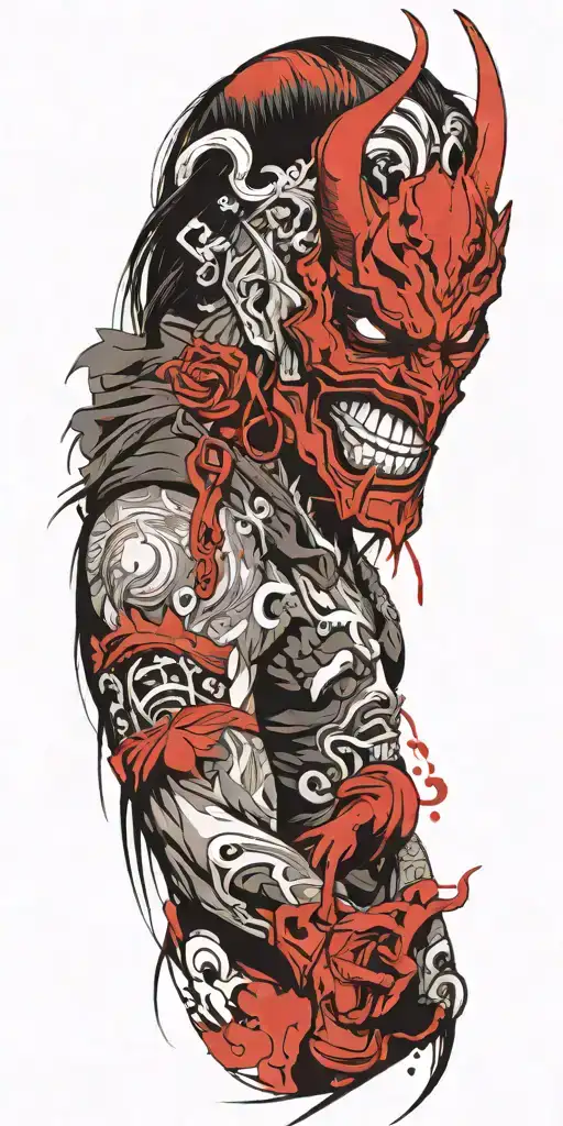 anime character wearing a oni mask fighting off inner demons tattoo design idea