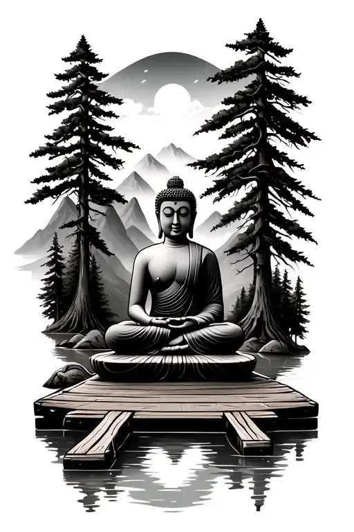 Buddha meditating in the mountains near a Forest with a river in the front in a dock tattoo design idea