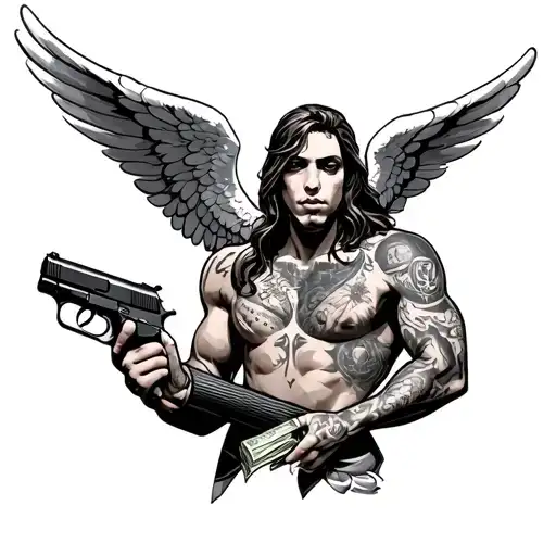 angel with tattoos gangster holding gun and money rolls tattoo design idea