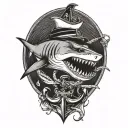 shark that has an anchor in their mouth wearing a sailor hat tattoo design idea