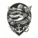 shark that has an anchor in their mouth wearing a sailor hat tattoo design idea