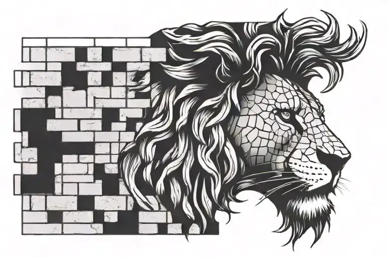 brick wall being built with lion head tattoo design idea