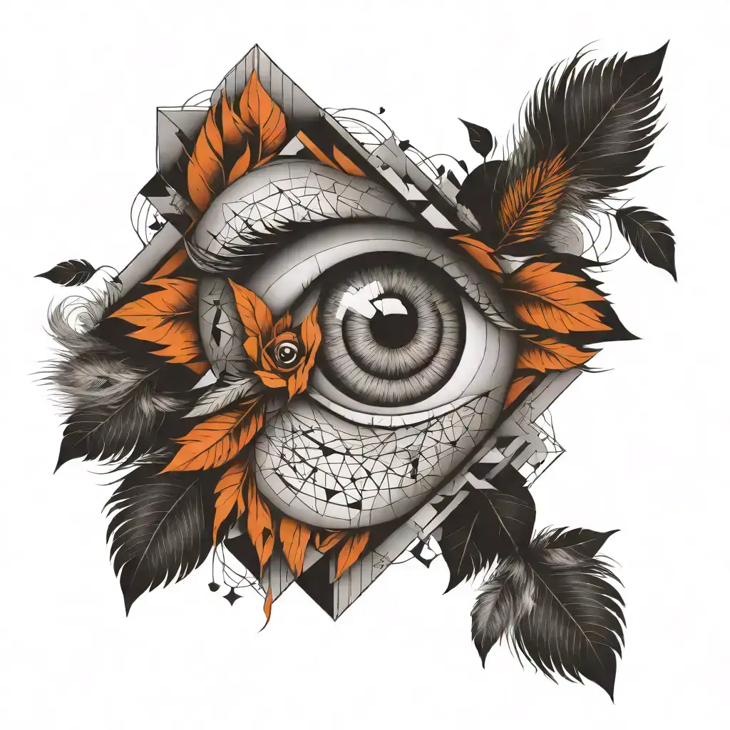 A forearm tattoo of a detailed, realistic eye within a geometric pattern, surrounded by abstract shapes and feathers. The design uses black and gray shading, combining realism with abstract art for a mystical effect. tattoo design idea