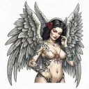 Sexy Angel, pale skin, Big breasts, Wide Hips, Angel wings, Halo, G-String, Revealing bra, Sexual, Bloody, Seductive. tattoo design idea