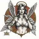 Sexy Angel, pale skin, Big breasts, Wide Hips, Angel wings, Halo, G-String, Revealing bra, Sexual, Bloody, Seductive. tattoo design idea