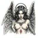 Sexy Angel, pale skin, Big breasts, Wide Hips, Angel wings, Halo, G-String, Revealing bra, Sexual, Bloody, Seductive. tattoo design idea