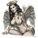 Sexy Angel, pale skin, Big breasts, Wide Hips, Angel wings, Halo, G-String, Revealing bra, Sexual, Bloody, Seductive. tattoo design idea