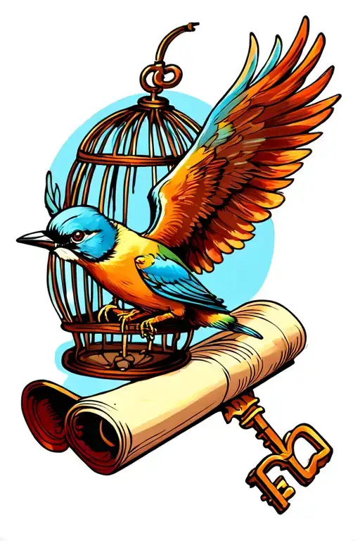 bird with a key flying away from cage wrapped around a scroll tattoo design idea