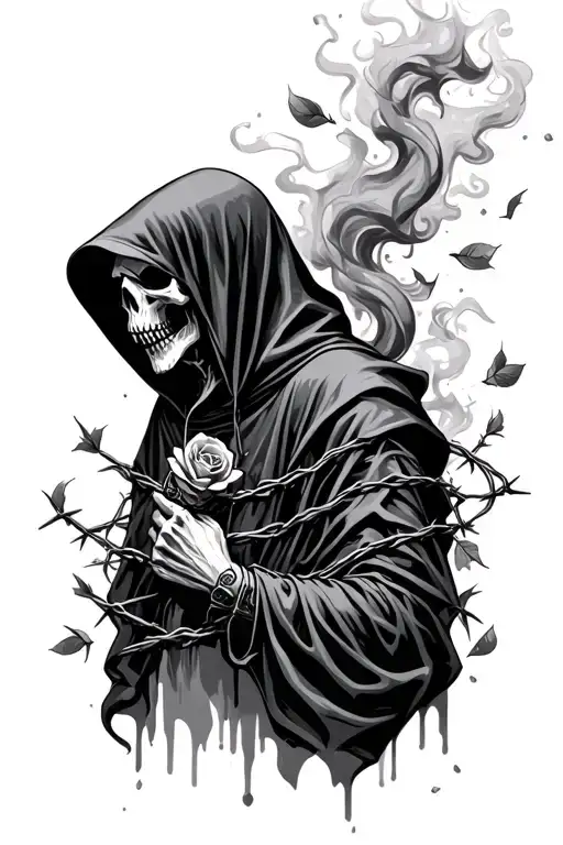 hooded reaper with smoke swirls, and falling rose pedals. wrapped in barbed wire tattoo design idea