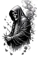 hooded reaper with smoke swirls, and falling rose pedals. wrapped in barbed wire tattoo design idea