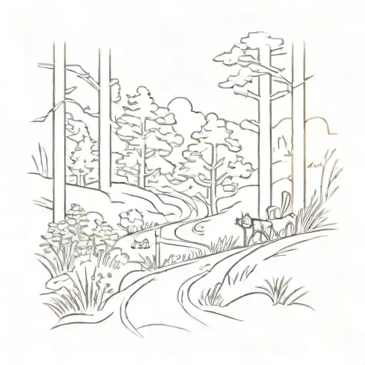 A sketch-style trail winding through a forest with a dog leading the way tattoo design idea