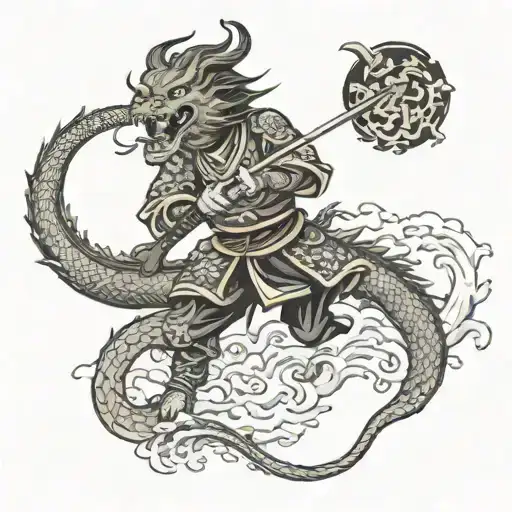 japanese dragon fighting samurai warrior battling tattoo design idea