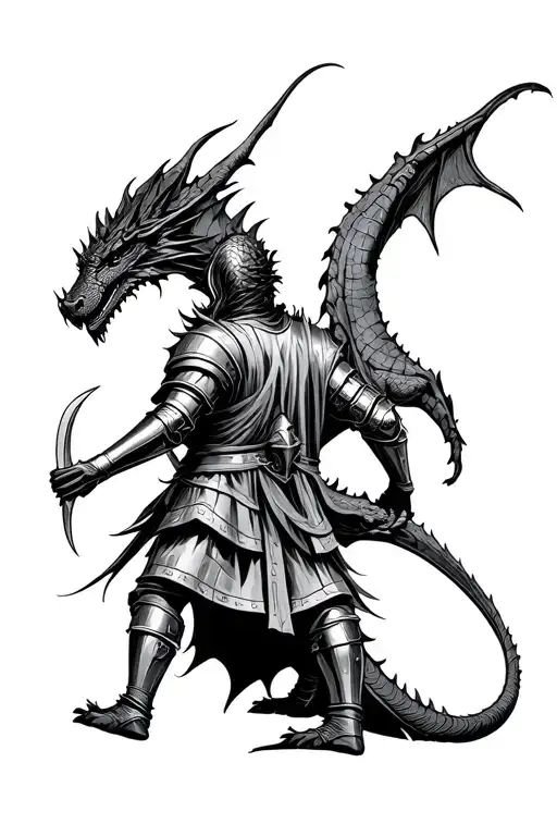 knight walking away from slayed dragon tattoo design idea