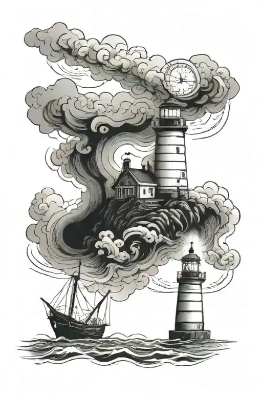 a lighthouse burning and a ship approaching through the mist tattoo design idea