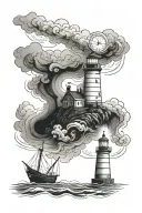 a lighthouse burning and a ship approaching through the mist tattoo design idea